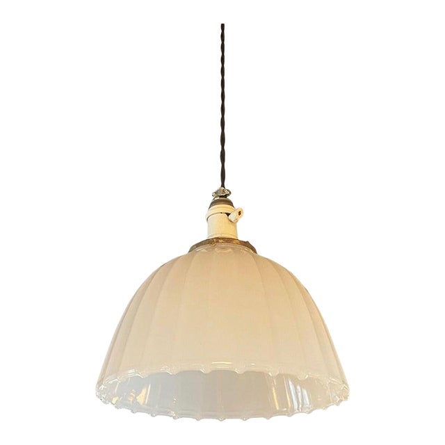 Antique Early 20th Century Scalloped Milk Glass Dome Pendant Light For Sale