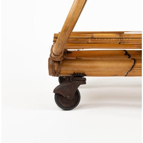 Mid-Century Serving Bar Cart with Bottle Holder in Rattan and Bamboo, Italy, 1960s For Sale - Image 14 of 15