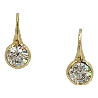 Gia 2 Carat Each White Round Diamond Dangle Bezel Earrings in 18k Yellow Gold, A Pair For Sale