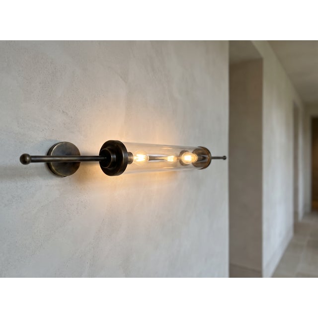 2020s Handmade Brass Double Light Glass Tube Wall Sconce For Sale - Image 5 of 17
