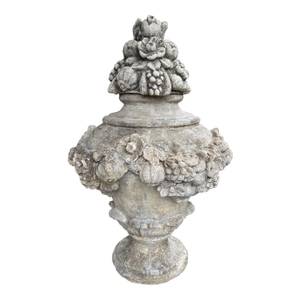 A Large and Decorative Italian Fruit and Floral Garden Urn in Composition Stone