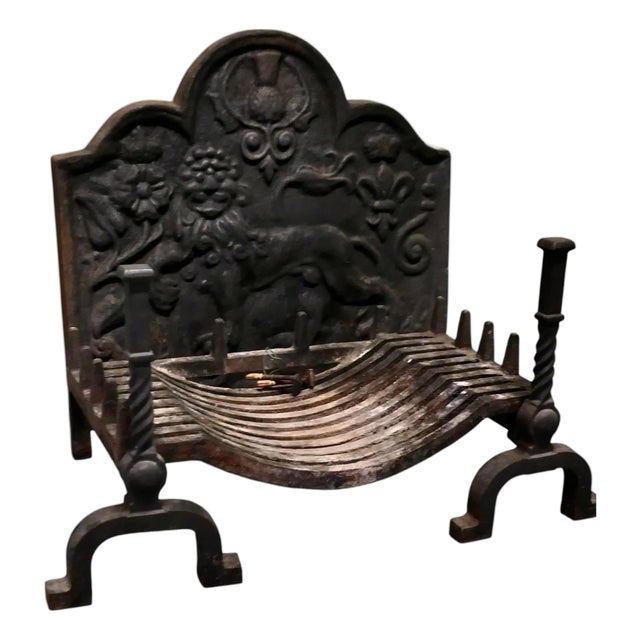 Large Fire Back with Andirons and Grate, 1950 For Sale