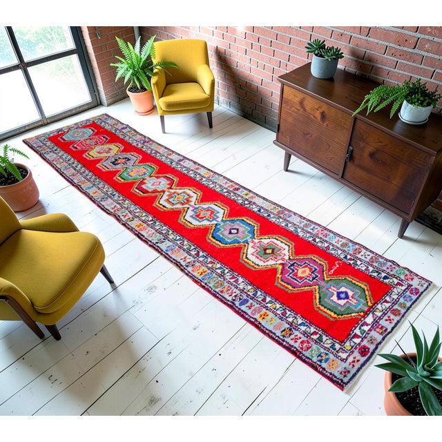 Tribal Turkish Hand-Knotted Runner Rug Bold Colors Hallway Rug - 2′8″ × 11′9″ For Sale - Image 3 of 14