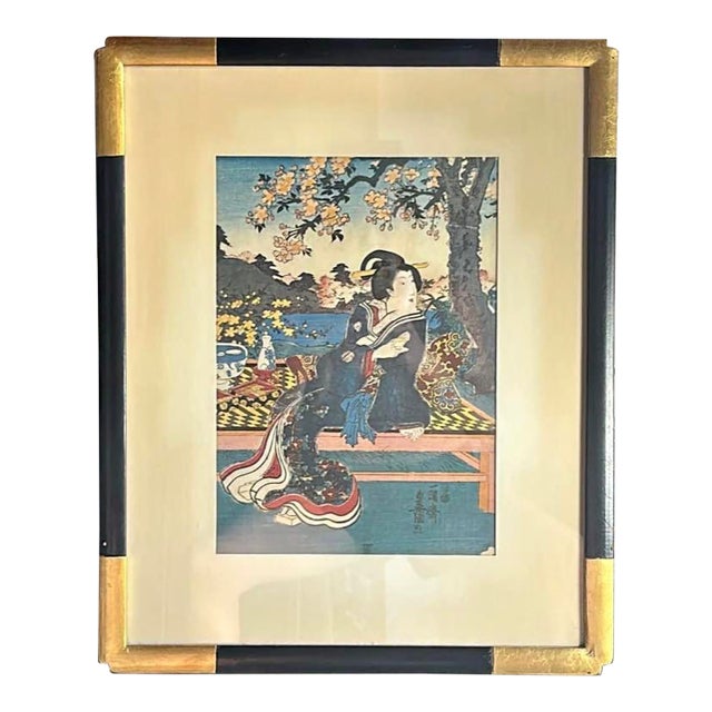 Japanese Woodblock Utagawa Kunisada Framed Wood Gold Gilt Antique Bijin Cherry Blossom Floral Kimono Sake For Sale