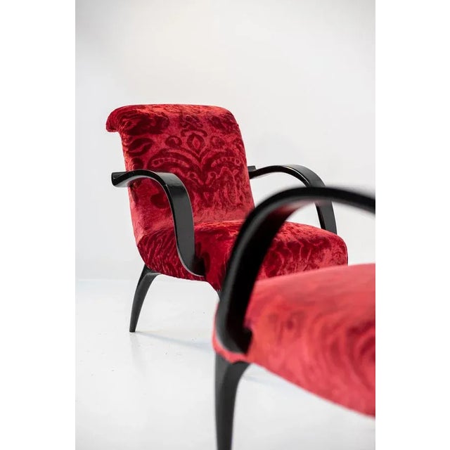 Set of American Red Velvet Damask and Wood Armchairs by Gilbert Rohde For Sale - Image 17 of 18