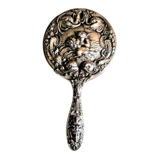 1904 Love's Dream Sterling Silver Hand Mirror by Unger Bros With Kissing Cherub For Sale