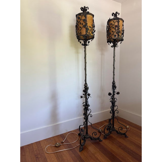 Metal Early 20th Century Rococco Style Wrought Iron Standing Floor Lamps - a Pair For Sale - Image 7 of 11