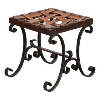 Mid-Century Spanish Brutalist Wrought Iron and Leather Stool, 1960s For Sale