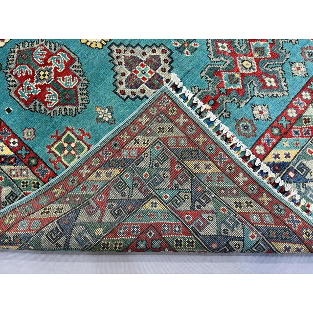 Art Deco Turquoise and Red Kazak Wool Area Rug With Tribal Motifs, 6'7" X 9'8" For Sale - Image 3 of 16