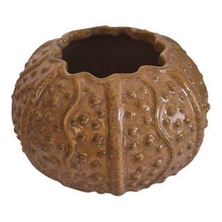 Vintage Textured Amber Tan Glazed Ceramic Sea Urchin Form Decorative Planter Rose Vase For Sale