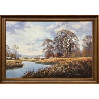 Farmhouse by a River in the English Countryside by 20th Century British Artist 1975 Circa For Sale