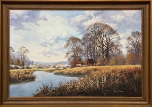 Farmhouse by a River in the English Countryside by 20th Century British Artist 1975 Circa
