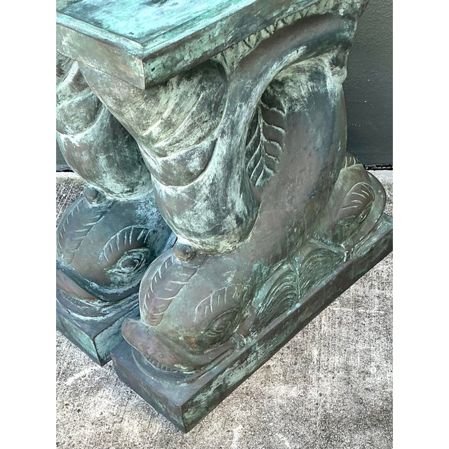 Vintage Patinated Bronze Dolphin Table Pedestals - A Pair For Sale - Image 9 of 12