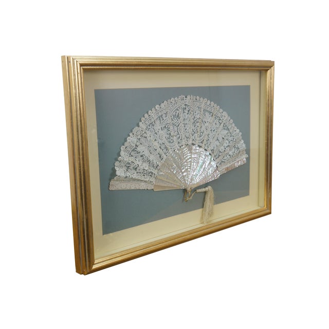 Victorian Antique Victorian Mother of Pearl Lace Folding Fan Shadow Box Display 28" For Sale - Image 3 of 13