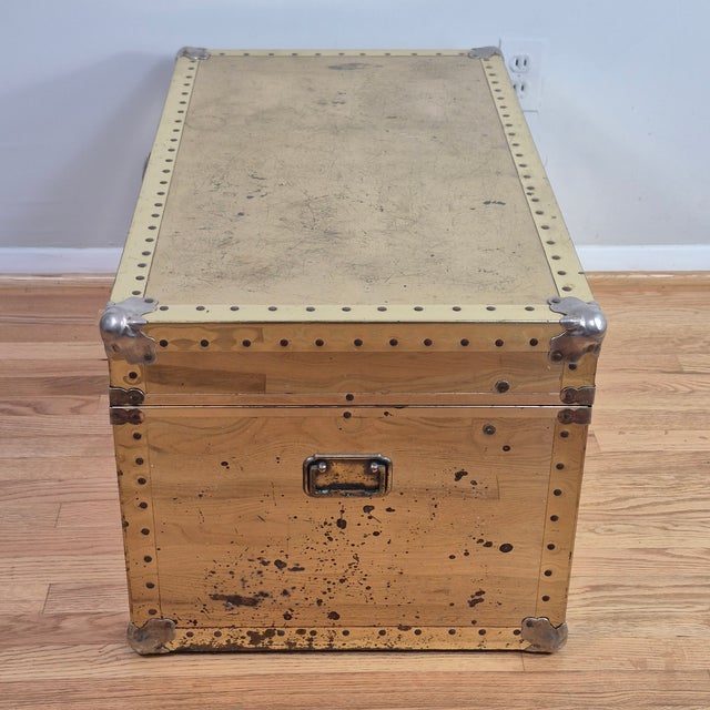 Brass 1960s Sarreid Style Patinated Distressed Brass Clad Trunk Chest Hollywood Regency For Sale - Image 8 of 13