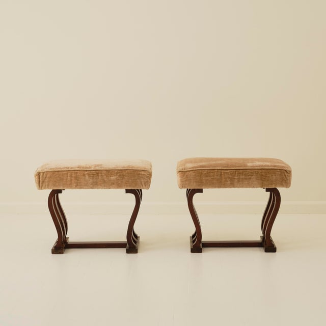 Art Deco Italian Art Deco Stools With Wavy Dark Wood Legs, a Pair, 1940's For Sale - Image 3 of 9