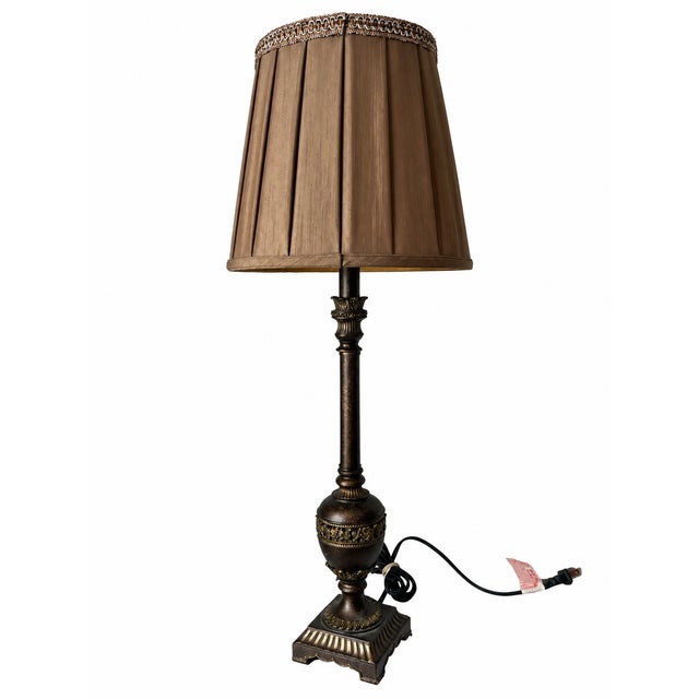 Hollywood Regency Neoclassical Bronze-Tone Urn and Column Buffet Lamp With Pleated Brown Shade For Sale - Image 3 of 8