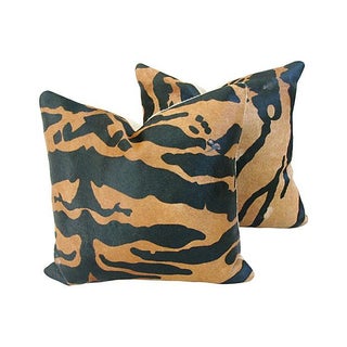 Tiger Stripe Cowhide & Linen Pillows - A Pair For Sale