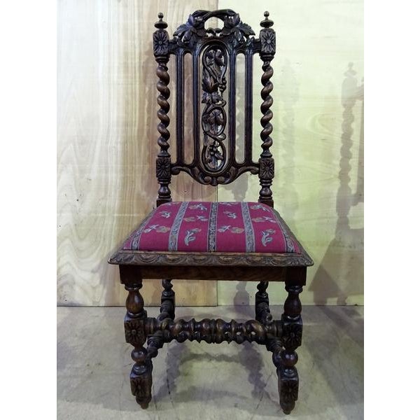 1960s French Jacobean Barley Twist Carved Oak Dining Chairs Set of 6