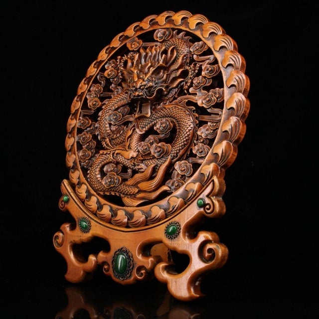 Chinese Vintage Chinese Boxwood Dragon Screen | Hand-Carved Table Screen With Gemstone Inlay For Sale - Image 3 of 9