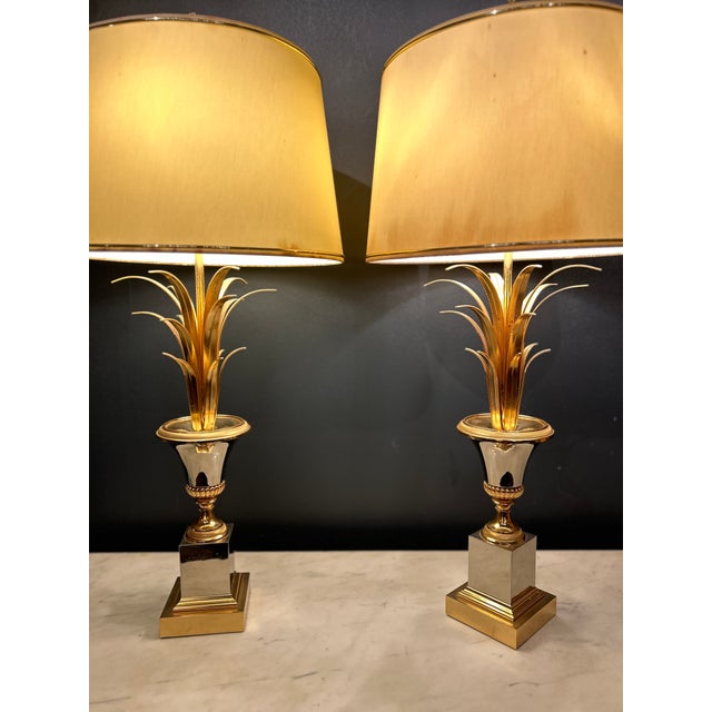 Palm Tree Lamps in Gilt Brass and Chromed Metal in the style of Maison Charles, France, 1970s, Set of 2 For Sale - Image 3 of 10