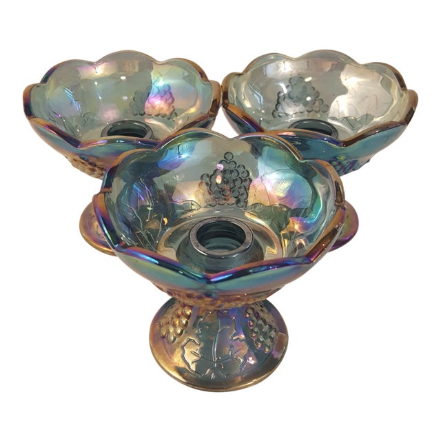 Indiana Glass Harvest Grape Blue Carnival Glass Candle Holders - Set of 3 For Sale