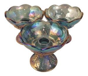 Indiana Glass Harvest Grape Blue Carnival Glass Candle Holders - Set of 3