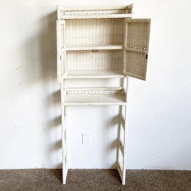 Boho Chic White Rattan and Wicker Bathroom Storage Etagere For Sale - Image 4 of 11