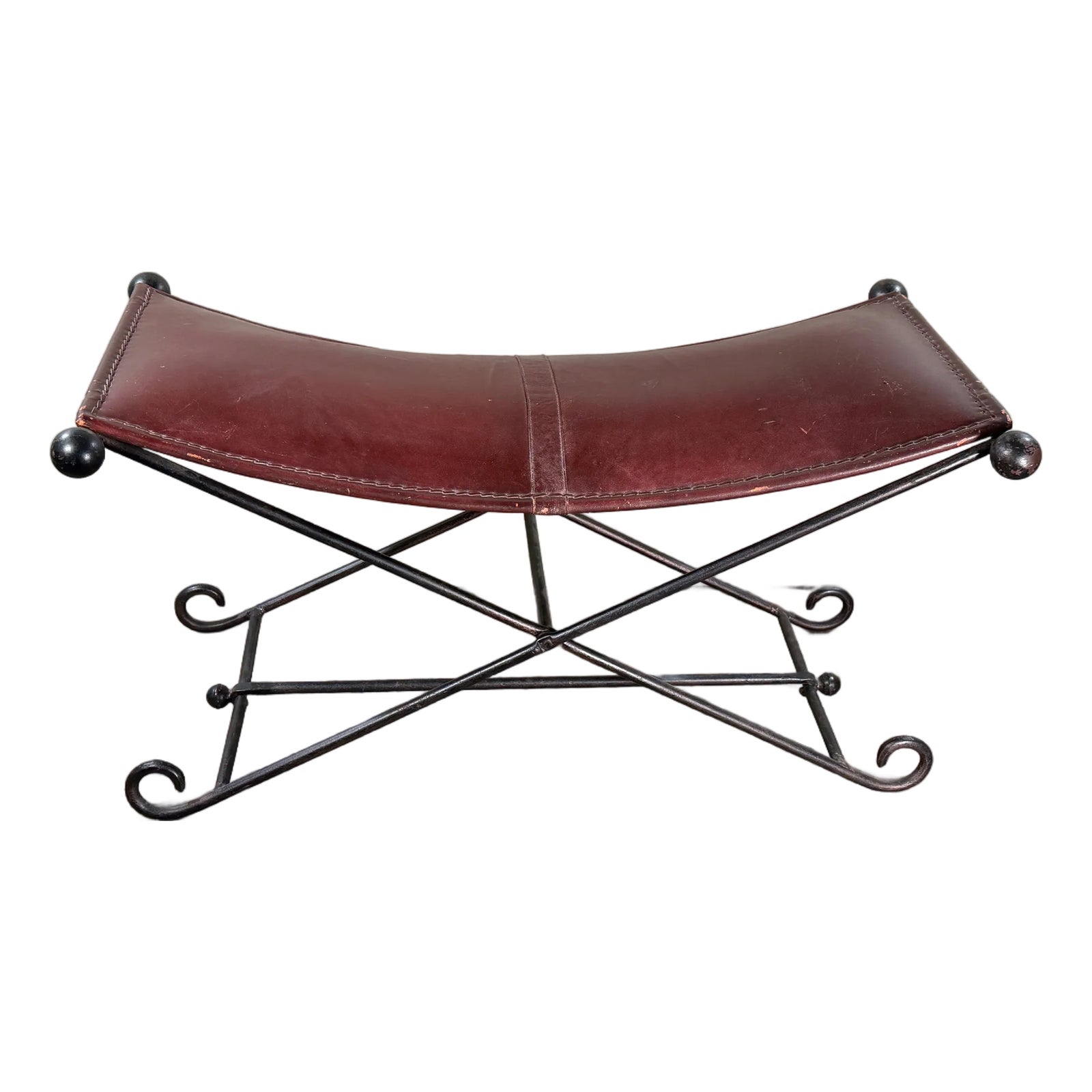 Vintage Leather and Wrought Iron Campaign Style Curved Sling Bench