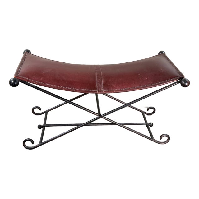 Vintage Leather and Wrought Iron Campaign Style Curved Sling Bench For Sale