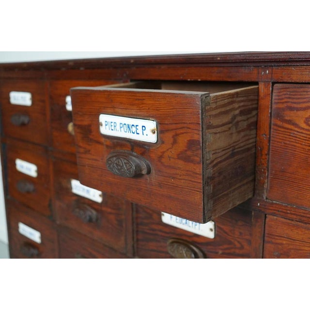 Large Belgian Pitch Pine Apothecary Cabinet with Enamel Shields, 1900s For Sale - Image 10 of 18