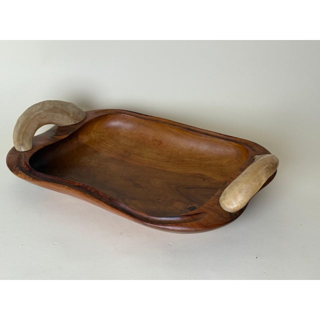 Spanish Olive Wood Centerpiece Bowl with Cow Horn Handles, 1960s For Sale - Image 9 of 15