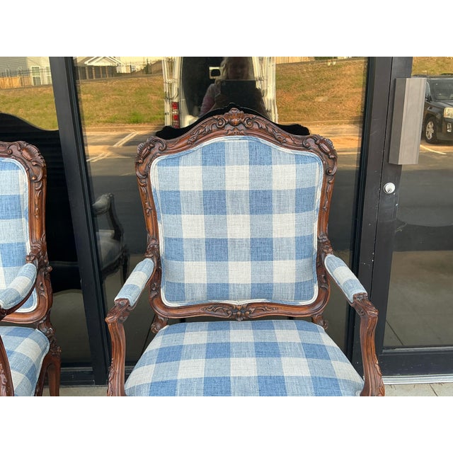 Antique French Louis XV Style Walnut Bergere Chairs in Blue & White - Pair For Sale - Image 11 of 13