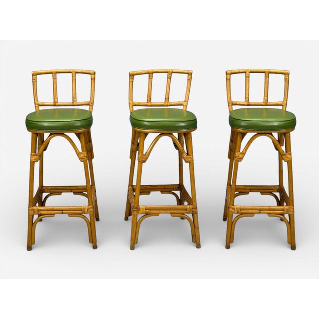 1970s Dutch Modern, Bamboo, Green Leather, Three Barstools, Netherlands, 1970s For Sale - Image 5 of 13