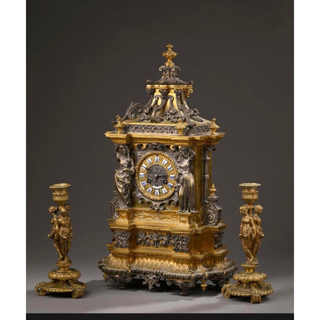 Raingo Frères. Paris. Circa 1860. Garniture in Gilt and Silvered Bronze For Sale - Image 4 of 4