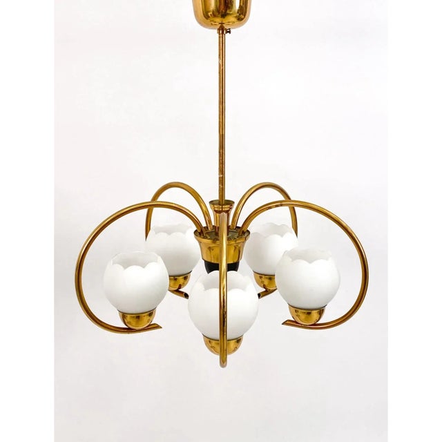 Beautiful and rare five-arm vintage brass and glass chandelier in the style of Hans Bergstrom for Atelje Lyktan.