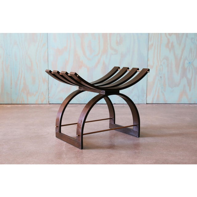 Vintage 1950’s Harvey Probber Mahogany and Brass Knights bench, model 1173. An uncommon design featuring curved slats...