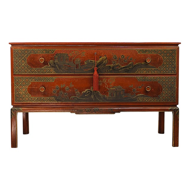 Large Chest with Hand-Painted Red, Gold and Bronze Chinoiserie Motif, Sweden, 1920s For Sale