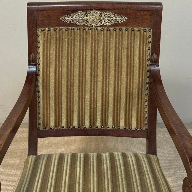 Oxblood Red Pair of French Empire Period Mahogany Ormolu Armchairs ~ Fauteuils For Sale - Image 8 of 18