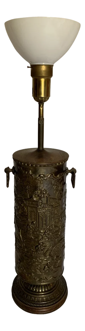 Vintage Chinoiserie Repousse Metal Drum Table Lamp With Glass Shade