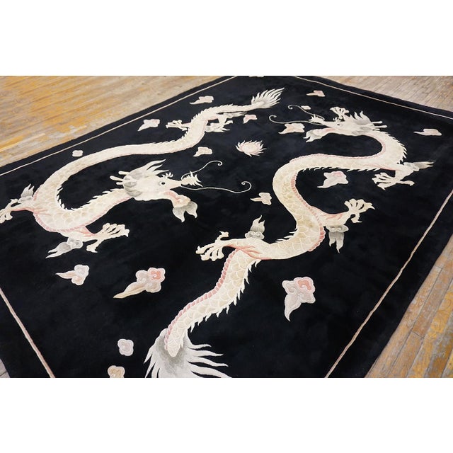 Art Deco 1980s Black Dragon Vintage Chinese Peking Rug 9'x 12' Handknotted Wool Carpet For Sale - Image 3 of 18