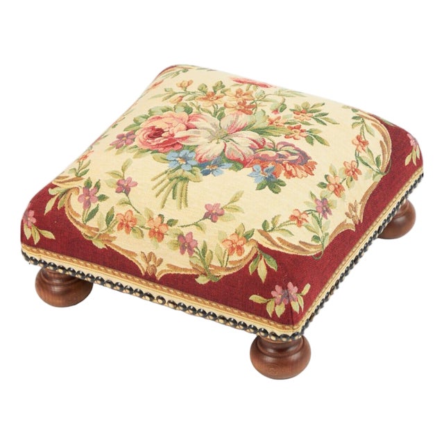 Aubusson Bouquet Red Tapestry Footstool For Sale