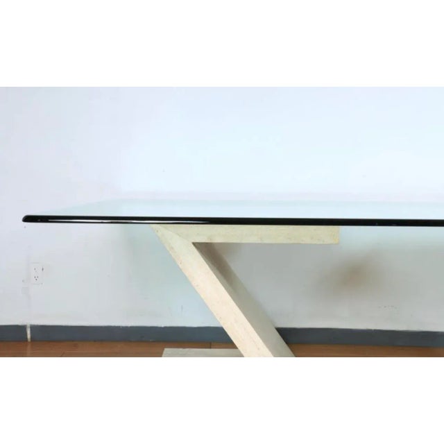 Mid-Century Modern Large Travertine Dining Table With Glass Top For Sale - Image 3 of 10
