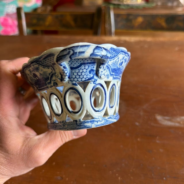 Early 19th Century Antique Staffordshire Pearlware Blue Transfer "Gothic Castle" Chestnut Basket, Attributed to Spode, Circa 1820s For Sale - Image 5 of 12