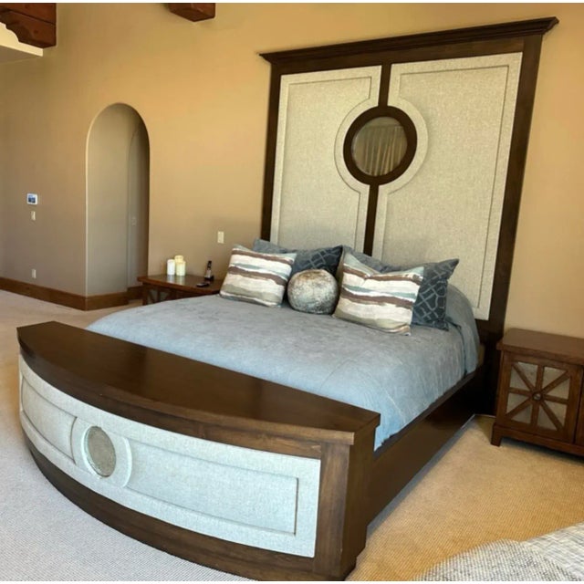 Stunning Designer Cal King Bed Featuring Tall Uphostered Headboard With Round Mirror And Upholstered Footboard With...