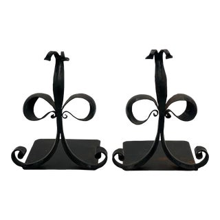 Large Antique French Hand Forged Iron Fleur-De-Lis Bookends For Sale