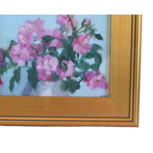 Contemporary original one-of-a-kind impressionist oil painting of a bouquet of flowers in a vase on the artist's canvas...