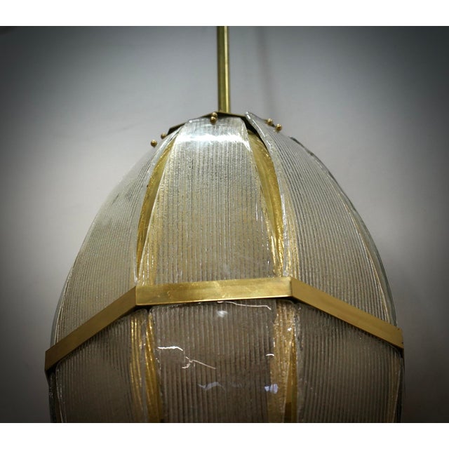 Mid-Century Modern Murano Art Glass and Brass Sand Blasted Color Chandelier and Pendant, 2000 For Sale - Image 3 of 9