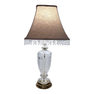 Vintage Mid-Century Cut Glass Brass Urn Table Lamp Accent 20" With Elegant Shade For Sale