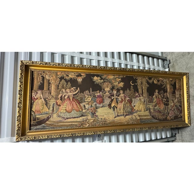 Impressive mid-20th-century woven tapestry depicting an elaborate romantic courtly scene in the French Aubusson and...